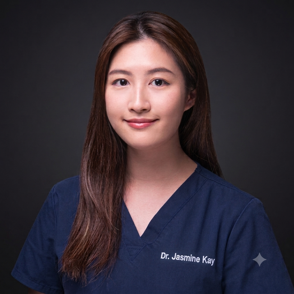 Portrait of Dr Jasmine Kay in veterinary scrubs